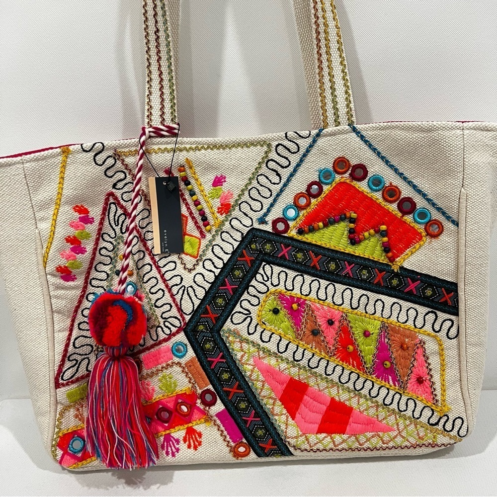 Heavy Canva Tote Embroidered Cream Bag Pom Pom Lined Aztec Print Multicolored - Picture 3 of 11